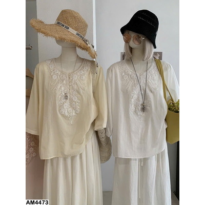 AM4473 ÁO SƠ MI TAY LỠ CỔ V ĐÍNH CƯỜM