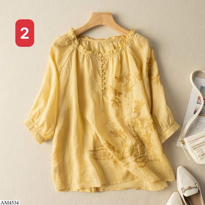 AM4534 ÁO KIỂU THÊU HOA CỔ TRÒN NỮ