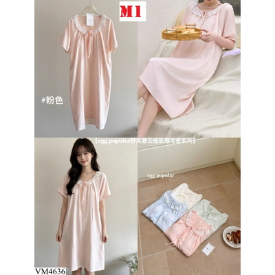 VM4636 ĐẦM NGỦ CỔ REN NƠ TIỂU THƯ DÁNG DÀI NHÀ EGG