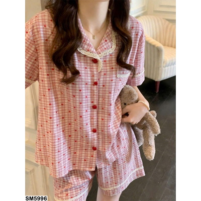 SM5996 SET BỘ NGỦ KẺ CARO CHẤM BI ĐỎ NỮ