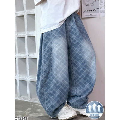 QT5848 QUẦN JEAN ỐNG RỘNG KẺ CHO BÉ