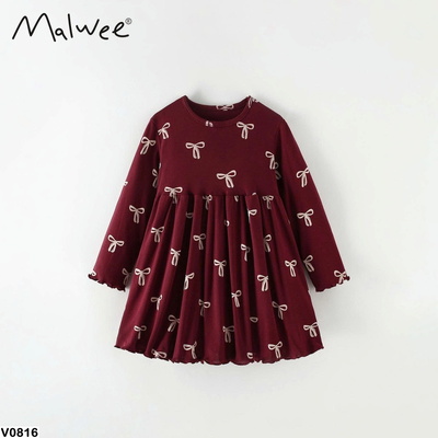 V0816  VÁY XÒE HỌA TIẾT NƠ MALWEE CHO BÉ GÁI