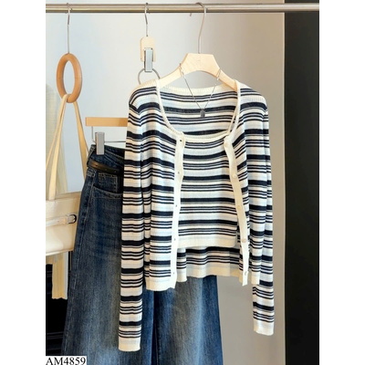 AM4859 SET ÁO 2 DÂY MIX ÁO KHOÁC CARDIGAN KẺ