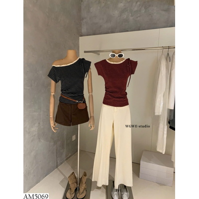AM5069 ÁO THUN KẺ SỌC TRỄ VAI NƠ W.G.W.E