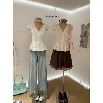 AM5148 ÁO KIỂU CỔ V REN NHÚN EO W.G.W.E