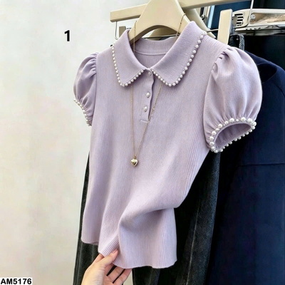 AM5176 ÁO LEN DỆT KIM CỔ POLO TAY PHỒNG ĐÍNH NGỌC