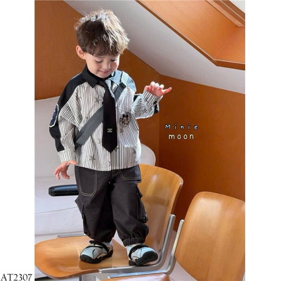 AT2307 ÁO SƠ MI KẺ MICKEY KÈM CÀ VẠT CHO BÉ