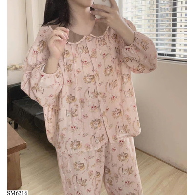 SM6216 BỘ PIJAMA DÀI TAY HỌA TIẾT MÈO CỔ BÈO