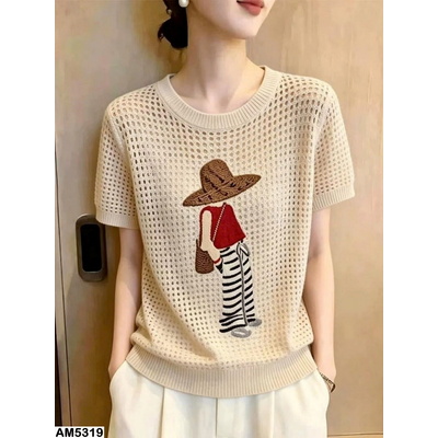AM5319  ÁO DỆT KIM CỔ TRÒN HỌA TIẾT CÔ GÁI