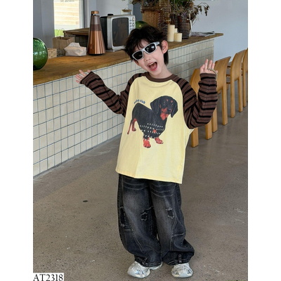 AT2318 ÁO THUN CÚN PHỐI TAY KẺ NÂU MSHOPKIDS