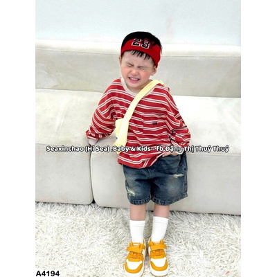 A4194  ÁO NỈ KẺ DÀI TAY CỔ TRÒN CHO BÉ