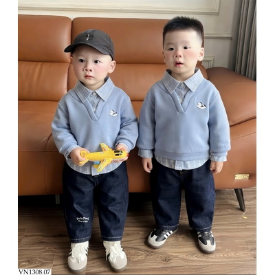 VN1308.07 SET ÁO NỈ MIX SƠ MI PHỐI QUẦN JEAN BT