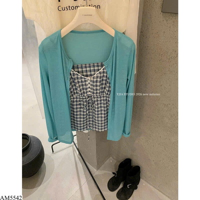 AM5542 SET ÁO 2 DÂY CARO PHỐI CARDIGAN YJIA
