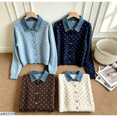 AM5539  ÁO LEN CARDIGAN CHẤM BI NỮ PHỐI DENIM CỔ BẺ