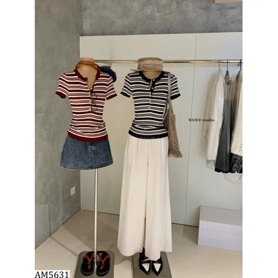 AM5631 ÁO LEN KẺ CỔ VỊT CÀI CÚC E.N.E.N (W.G.W.E)