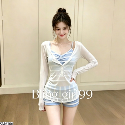 SM6306  SET 3 MÓN ÁO DÀI TAY + ÁO 2 DÂY + QUẦN SHORT NỮ