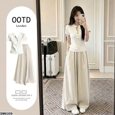 SM6309 SET ÁO CỘC TAY DỆT KIM MIX QUẦN ỐNG RỘNG NỮ