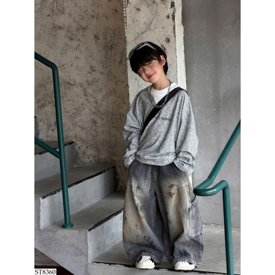ST8360 SET ÁO PHÔNG XÁM DÁNG RỘNG MIX JEAN VẨY SƠN TAIRU