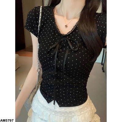AM5797 ÁO ĐEN PHỐI REN CỔ V