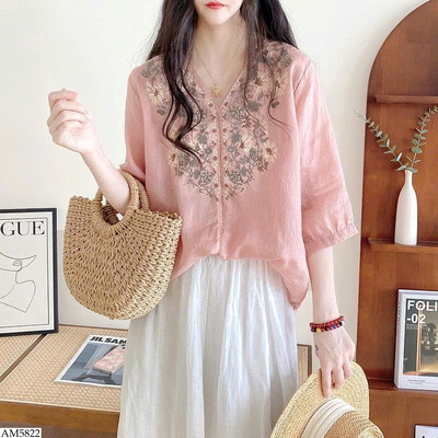 AM5822 ÁO HOA CỔ V TAY LỠ CHO NỮ