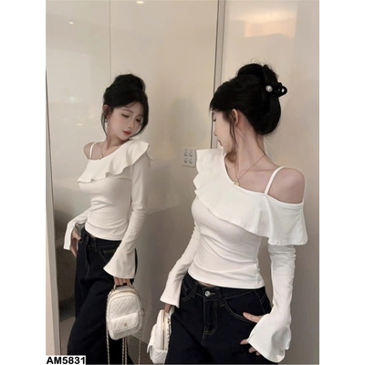 AM5831 ÁO KIỂU LỆCH VAI PHỐI BÈO