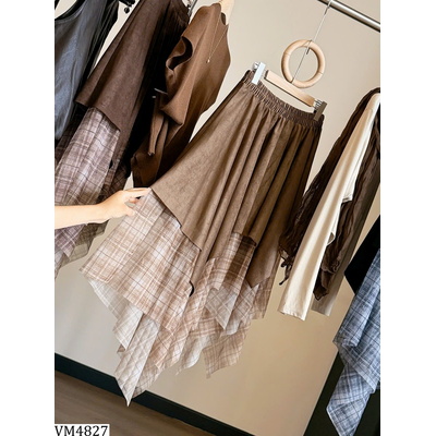 VM4827 CHÂN VÁY MIDI PHỐI DA LỘN CARO ANNA