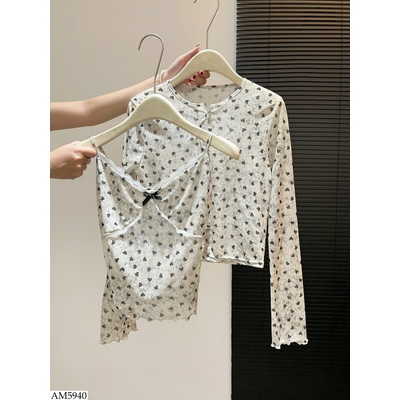 AM5940 SET ÁO 2 DÂY MIX CARDIGAN CHẤM BI 