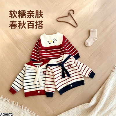 AG0872 ÁO LEN KẺ SỌC HÌNH MÈO CHO BÉ GÁI