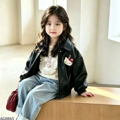 AG0865  ÁO KHOÁC DA KITTY CỔ BẺ