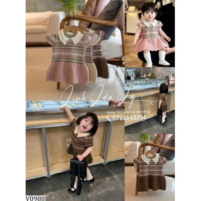 V0988  VÁY LEN CỔ BẺ HỌA TIẾT CHO BG