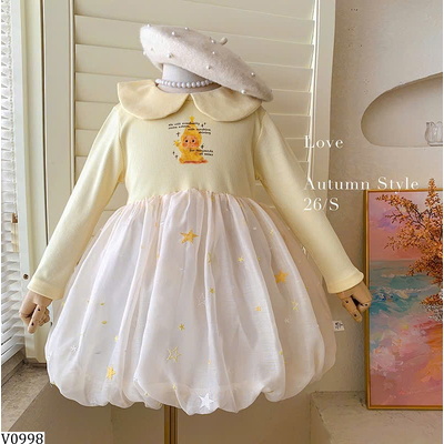 V0998 VÁY DÀI TAY BÉ GÁI CỔ SEN HỌA TIẾT NGÔI SAO